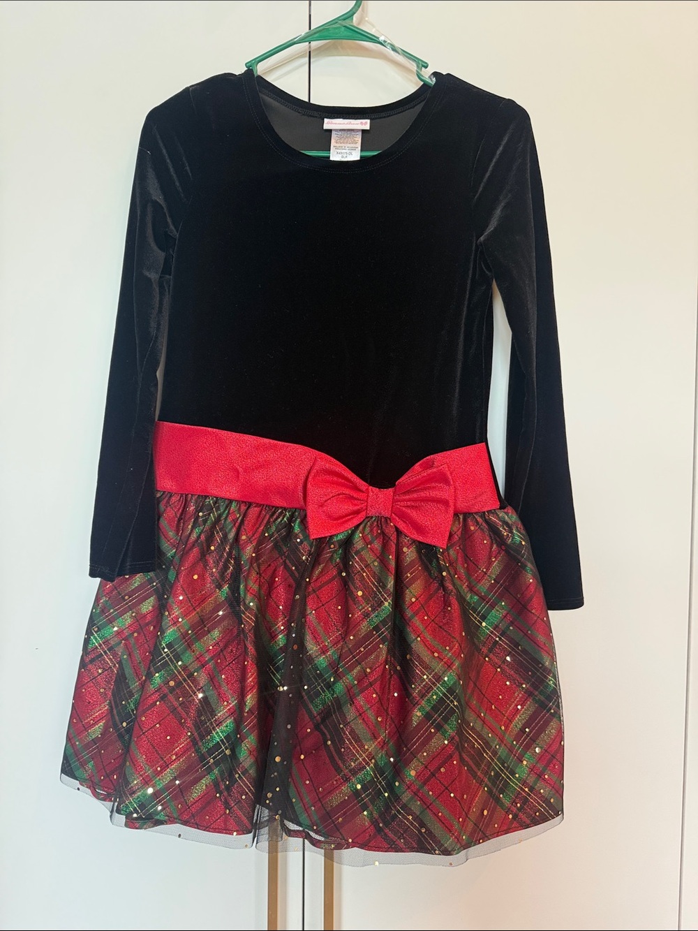 Bonnie Jean Black Velvet & Red Plaid Holiday Dress with Bow